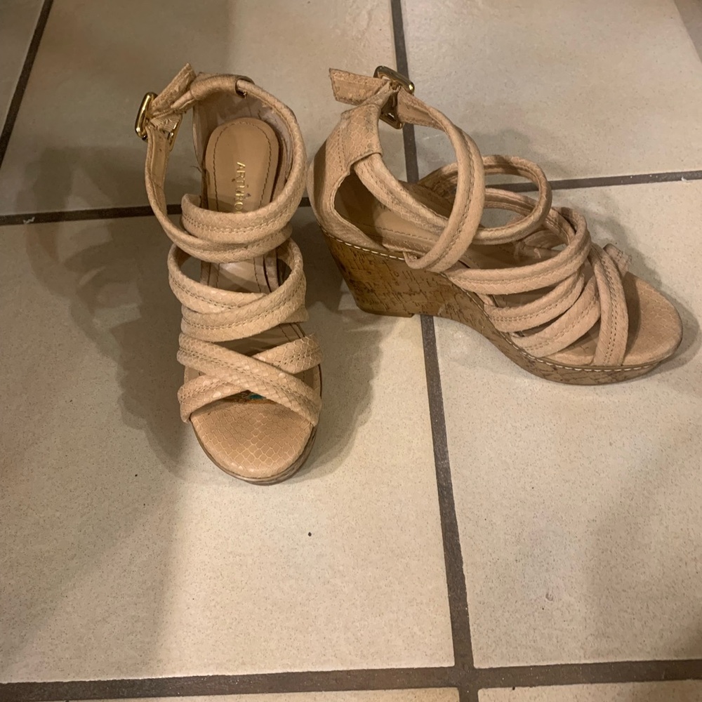 Arturo Chiang Beige Strappy Wedge Sandals with Ankle Buckle